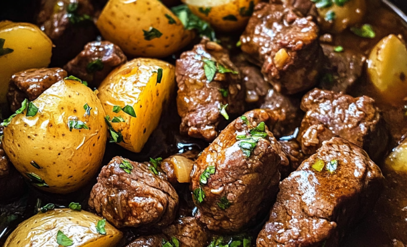 Slow Cooker Garlic Butter Beef Bites & Potatoes