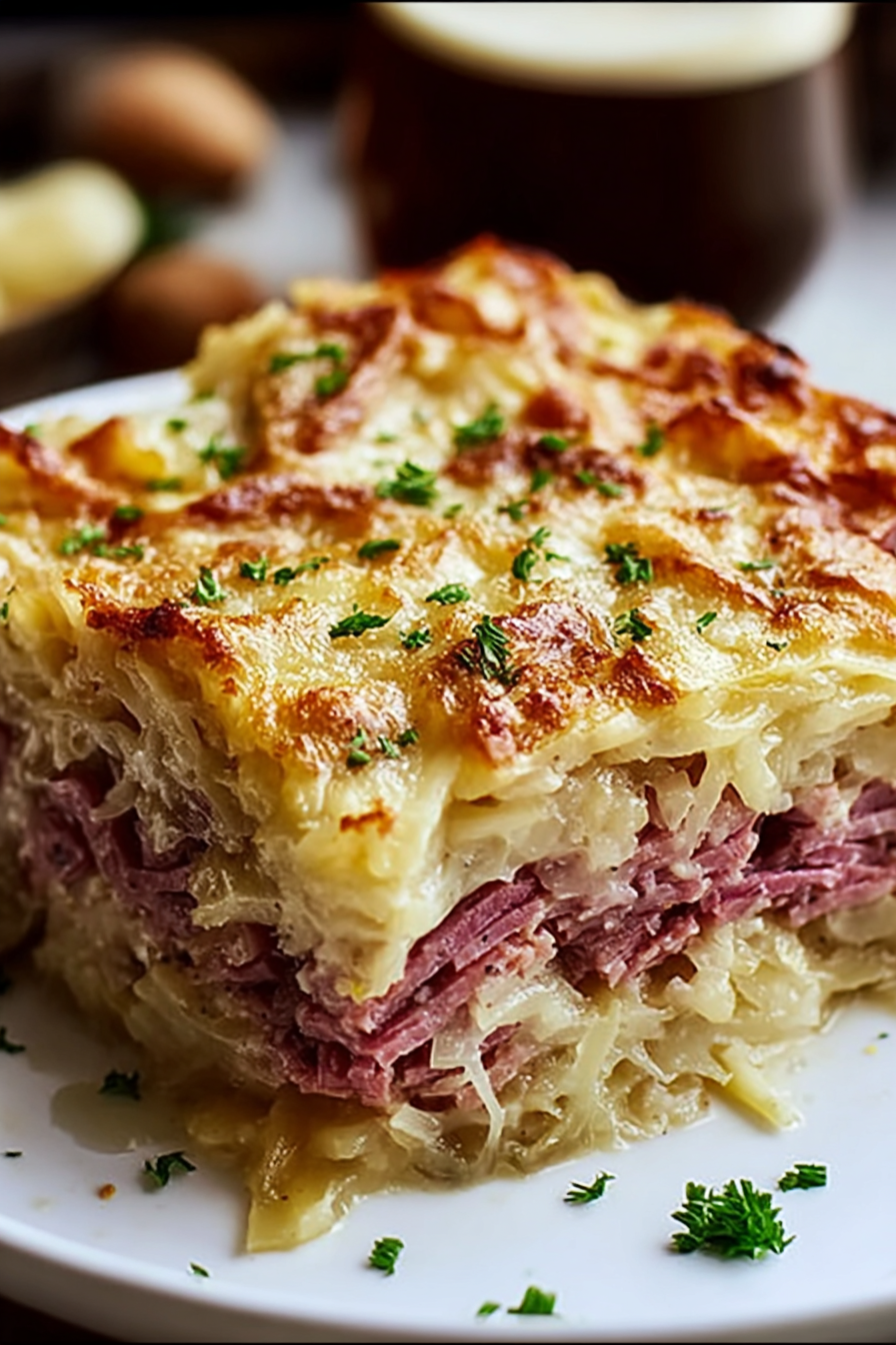 Classic Reuben Bake with Corned Beef, Sauerkraut & Swiss