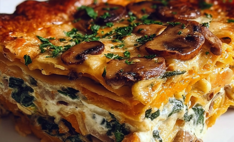 Invisible Butternut Squash, Spinach + Mushroom Lasagna