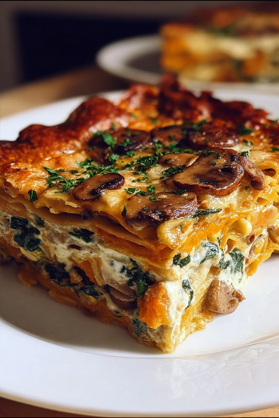 Invisible Butternut Squash, Spinach + Mushroom Lasagna