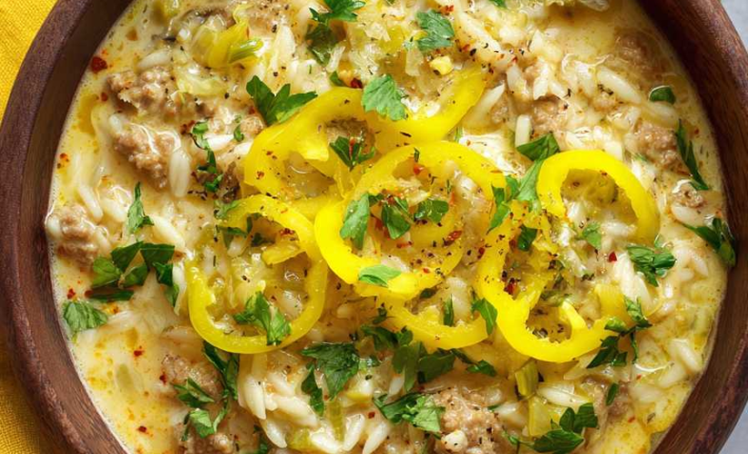 Savory Orzo Stuffed Banana Peppers Soup