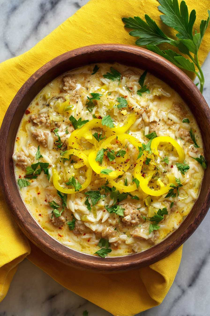 Savory Orzo Stuffed Banana Peppers Soup
