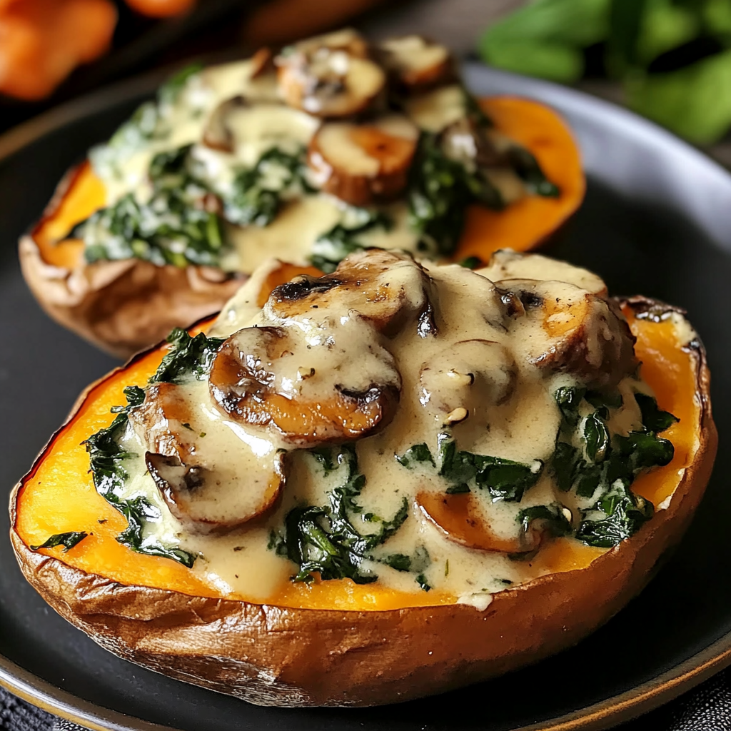 Creamy Mushroom and Spinach Stuffed Sweet Potatoes