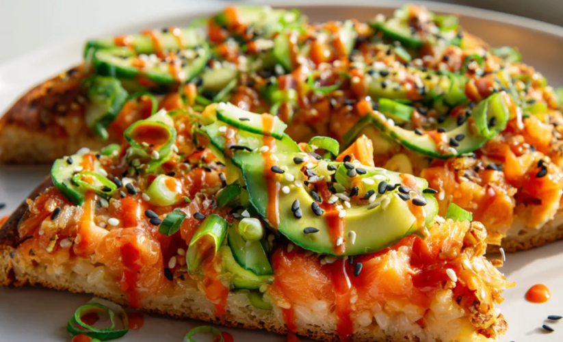 Salmon Sushi Bake Flatbread Pizza with Spicy Drizzle