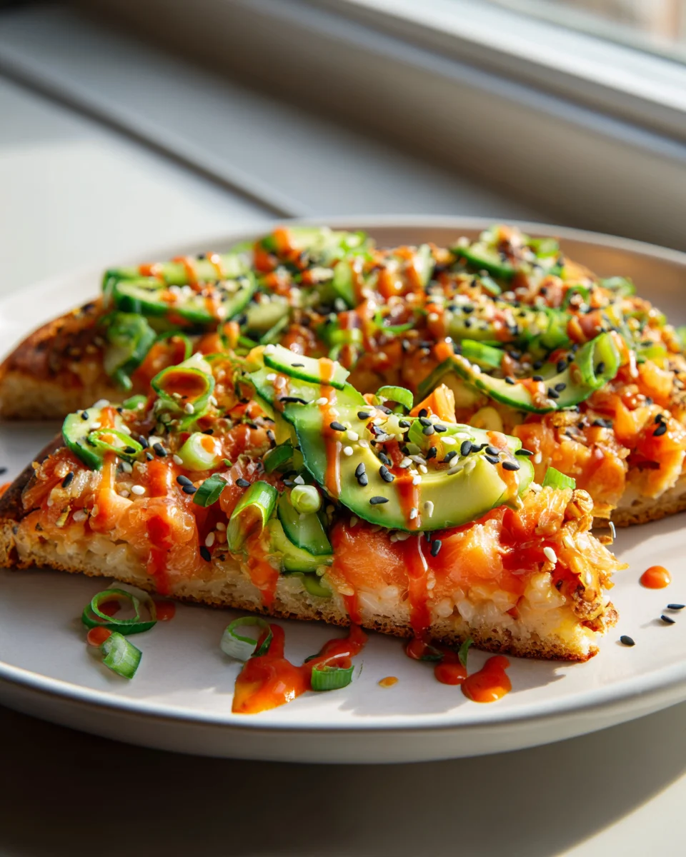 Salmon Sushi Bake Flatbread Pizza with Spicy Drizzle